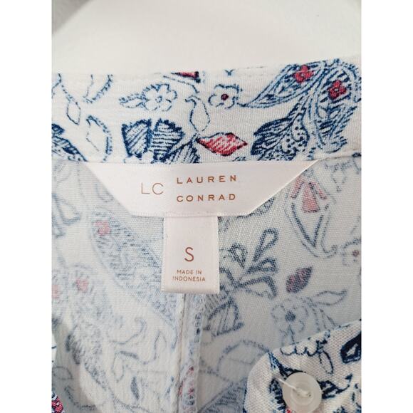 LC Lauren Conrad Women's White Blue Floral Ruffle Sleeve Blouse In Size Small - Picture 3 of 5